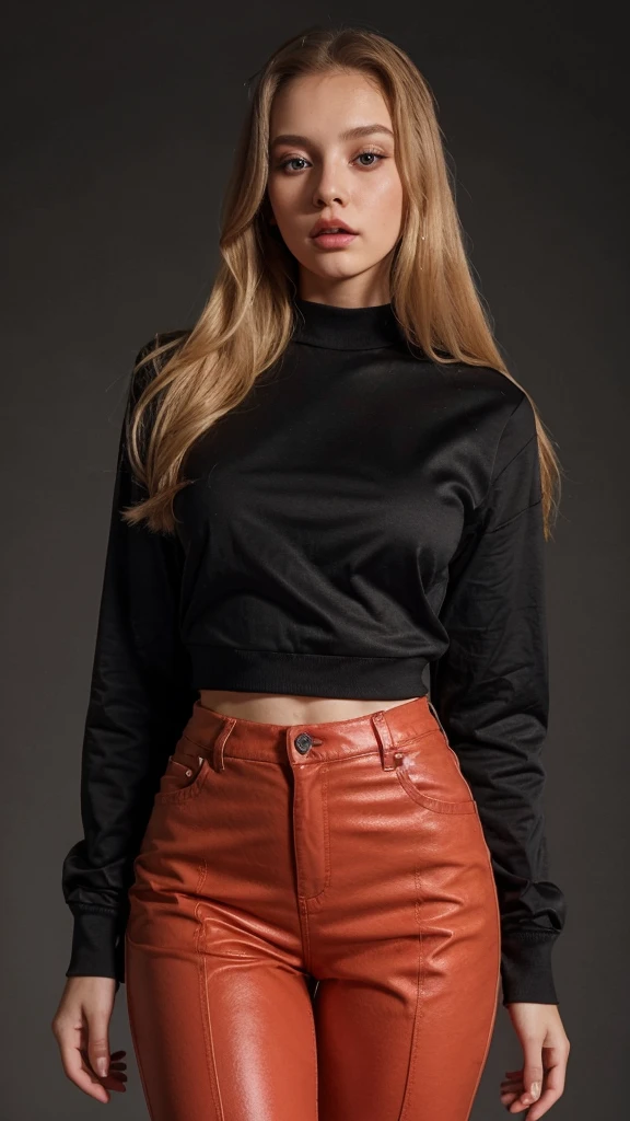1 girl, Alone, looking at the viewer, long blond hair, wearing a red long sleeve blouse, a black pants, Brown eyes, Upper part of the body, Gray background, lips, realist, dioknigsreuter