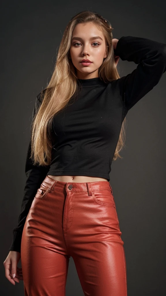1 girl, Alone, looking at the viewer, long blond hair, wearing a red long sleeve blouse, a black pants, Brown eyes, Upper part of the body, Gray background, lips, realist, dioknigsreuter