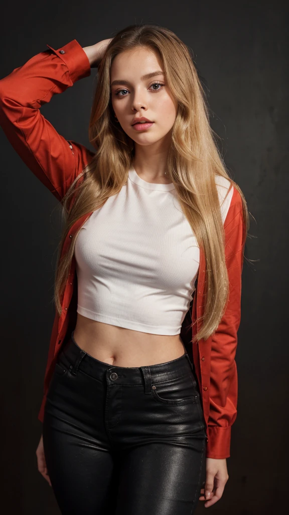 1 girl, Alone, looking at the viewer, long blond hair, wearing a red long sleeve blouse, a black pants, Brown eyes, Upper part of the body, Gray background, lips, realist, dioknigsreuter
