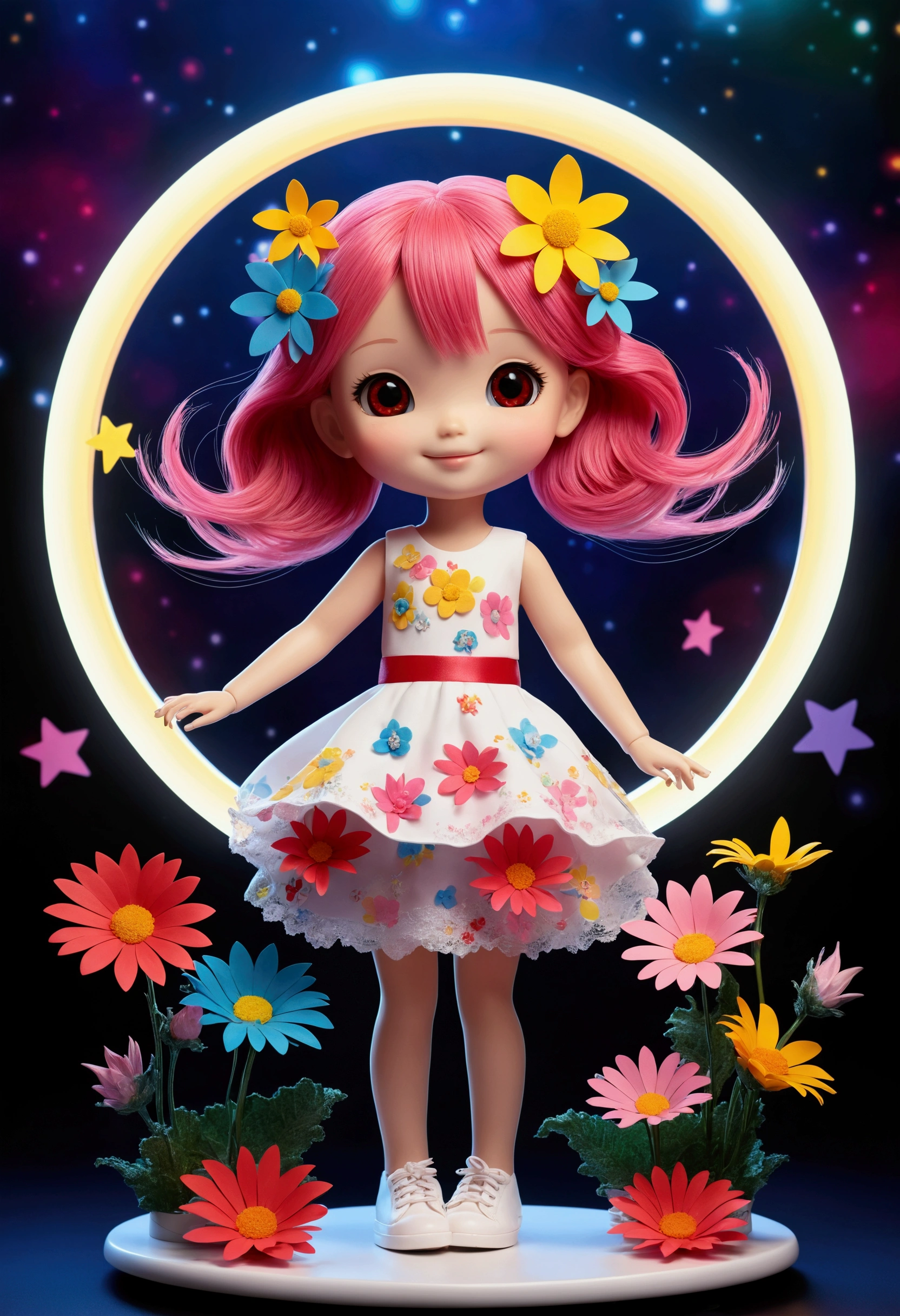 Extremely detailed,(Fractal Art:1.1),(Colorful:1.1)(Flowers:1.3)、 (Dynamic Pose), (Abstract background:1.3)、(Many colors:1.4)、Place one small doll on a circular stand、kawaii pose、A smile、A pink-haired, very long hair, tanned skin, white dress, white shoes, Chibi Doll、Stars in the eyes(kirakira, Eye Up、Laugh、Cute red shoes、Ultra Detail, radiant light、bio luminescent、Stronger bokeh effect、Taken from the side