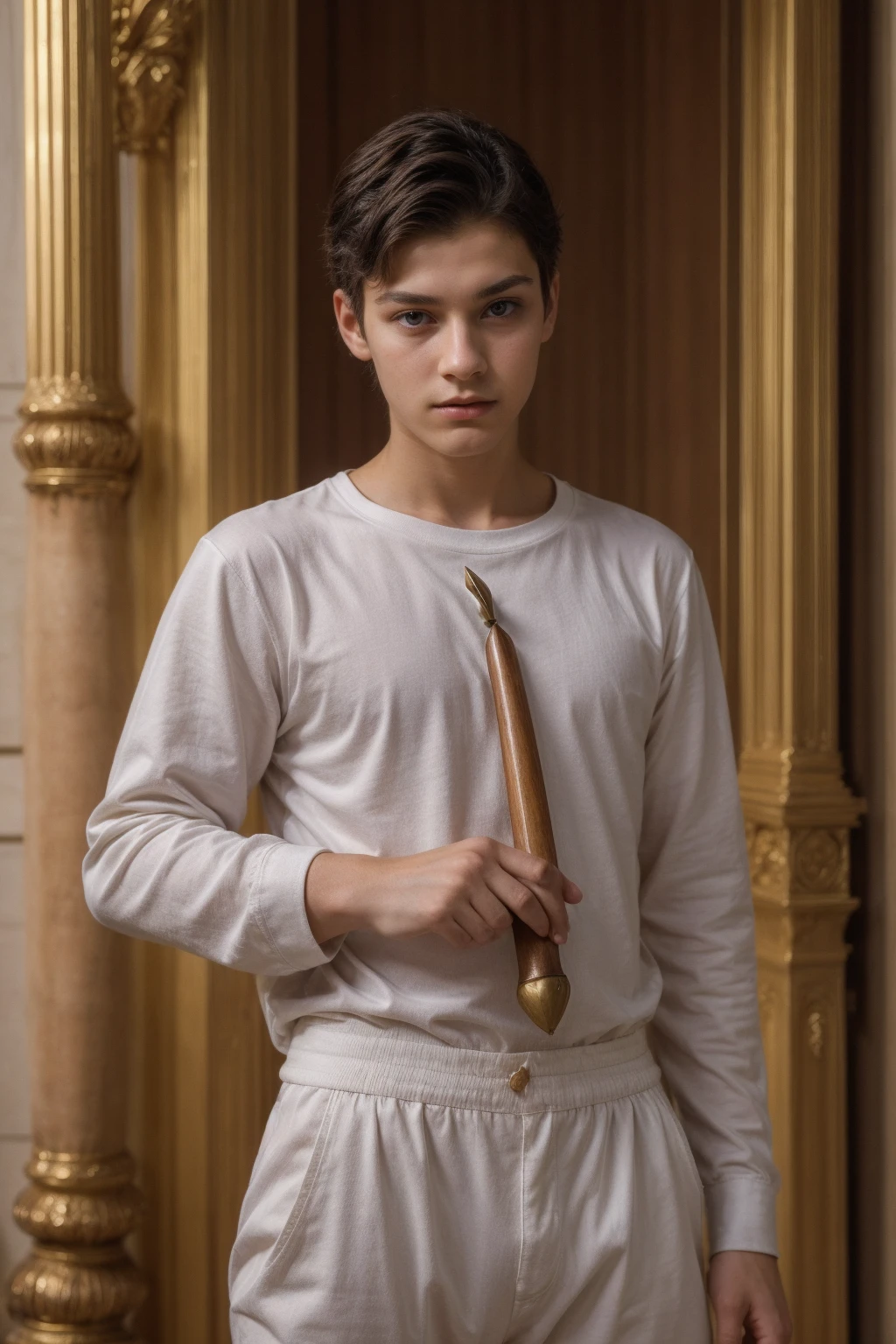 A young male twink with a make-up face and black hair. He is wearing a white long-sleeved shirt and brown pants. He is in the royal palace, and he is holding a long double-headed sword in his hand, looking in amazement.