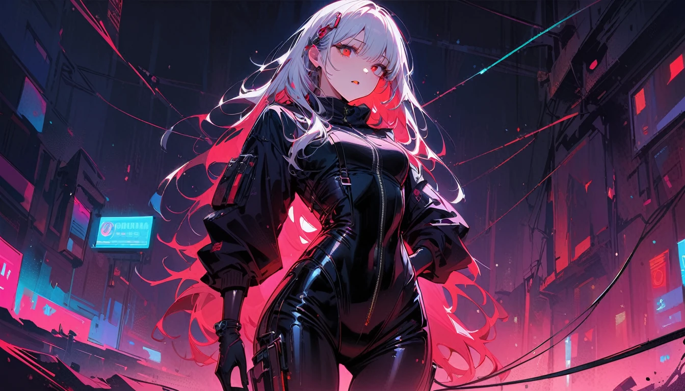 masterpiece, Best quality, 8 k, digital painting, 1 girl, One, get up, youth, White hair, Длинные White hair, hair accessories, Red eyes, round pupils, impassive facial expression, blood stains, Mechanical parts, electrical wire, cable, The effect of failure, terrifying, Science fiction, futuristic, Dark inside background, neon lights, Cyberpunk characters, surreal, strange, alarming, Chilling, terrifying, overalls,Red eyes,Poison Obsession,blackened,Long black gloves,One-piece trousers,tight latex bodysuit,Emphasize her graceful figure,Wrap your whole body,symbiont,((raised sexy)),overalls,Red eyes,Poison Obsession,blackened,Long black gloves,One-piece trousers,Black latex clothing,Blood-Red eyes,Best quality, A high resolution, Super detailed, Bright textures, a mask, tight latex bodysuit, bang,purple hair, Blue eyes