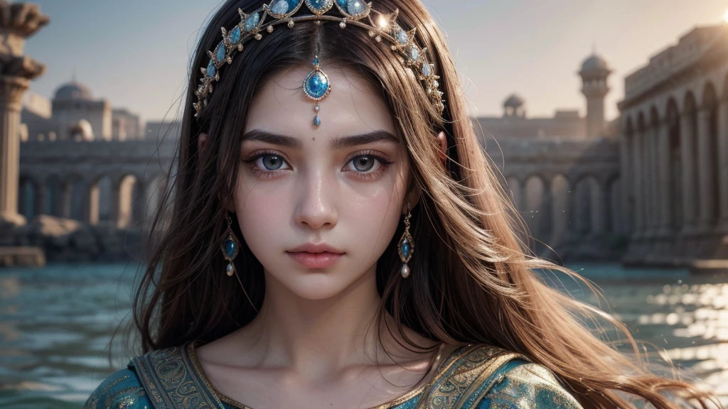 Create the image of the face of a princess of ancient Persia, with a thoughtful facial expression, with watery eyes. Focus only on the face.  
I want a high-definition, 8k image with no defects or blurs. 
