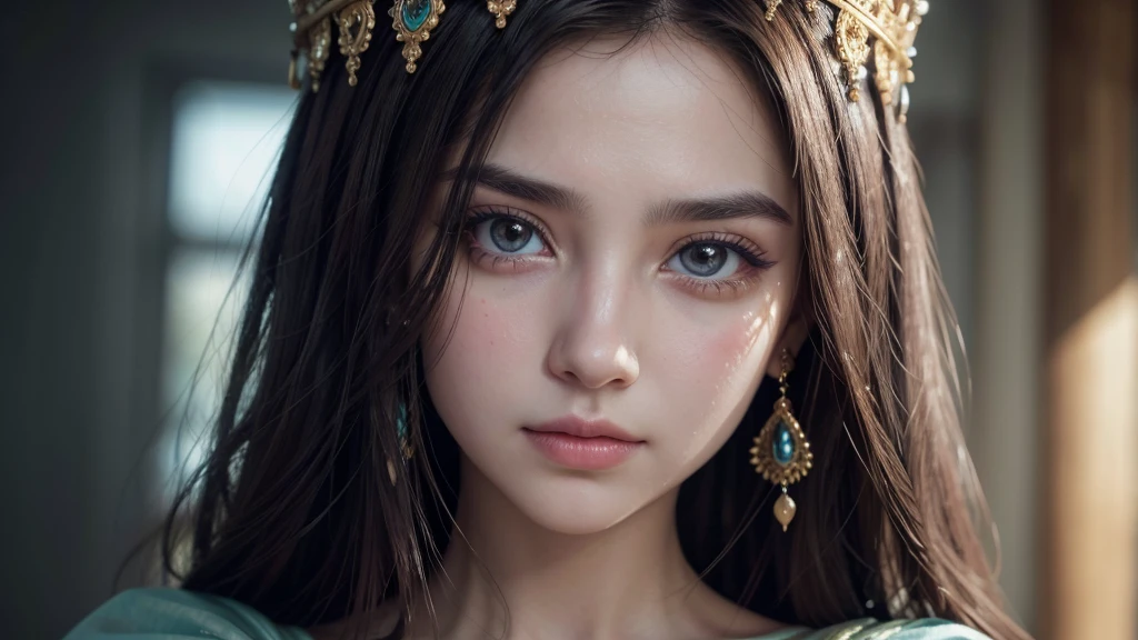 Create the image of the face of a princess of ancient Persia, with a thoughtful facial expression, with watery eyes. Focus only on the face.
I want a high-definition, 8k image with no defects or blurs.
