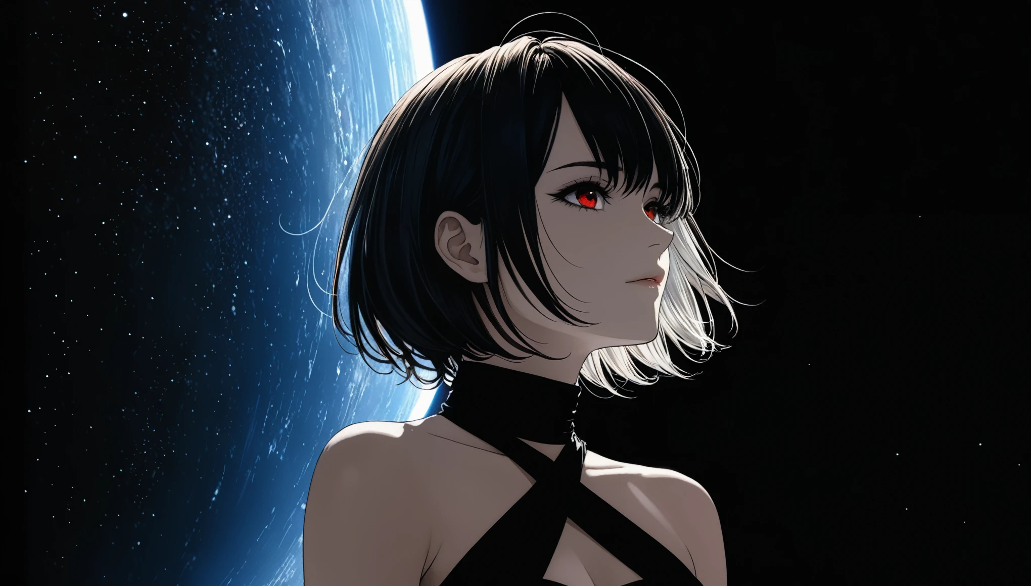 in style of Santiago Caruso, 1 Girl,（90 degree tilt of neck，Face up：1.8）， criss-cross_halter，Large area black background,Asymmetrical composition，The character is on one side，look at sky，short blue bobcut hair, shinny Red eyes, (From below:1.3)，Divine top light，