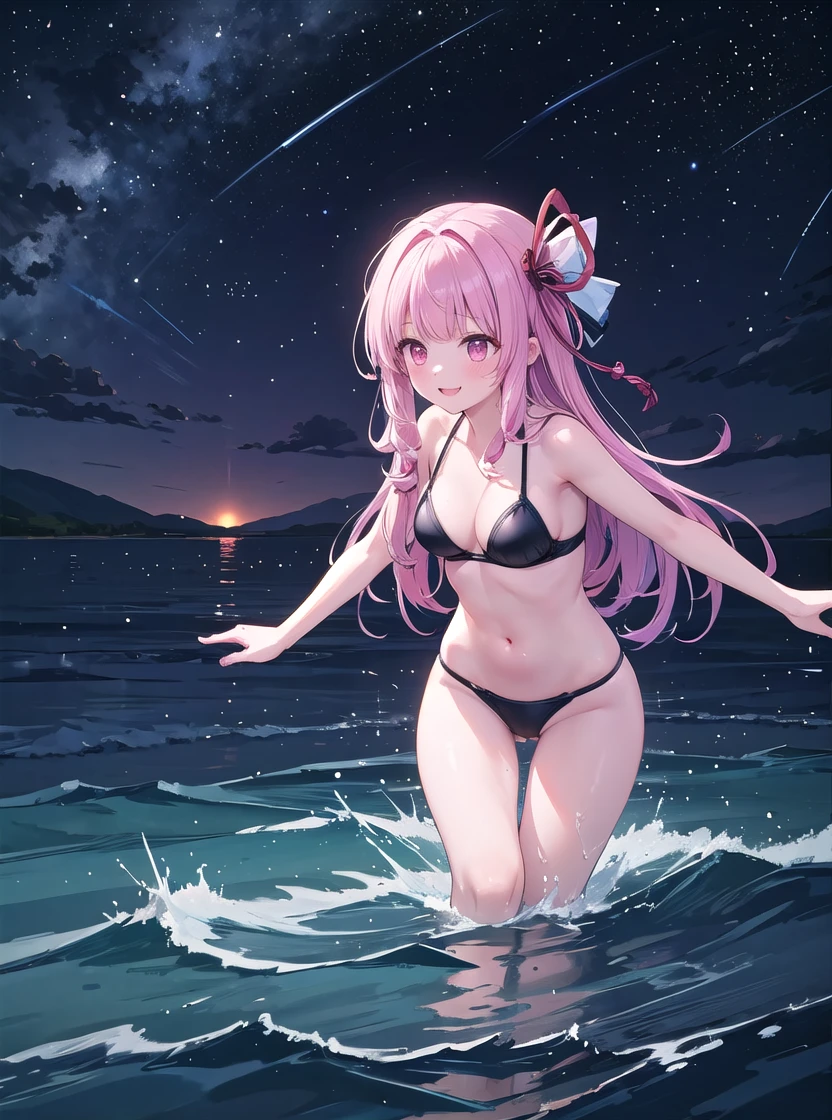 (masterpiece, Highest quality:1.2), One Girl, Kotonoha Akane,Black Swimsuit 1:2,Black bikini swimsuit,Black Bra,Immerse yourself in the ocean,Entering the sea,Splash:1.3,stand,Black underwear,Transparent sea,smile,Perfect illustration,boundary line,with a starry sky,Cinema Lighting,Lower body immersed in the sea,