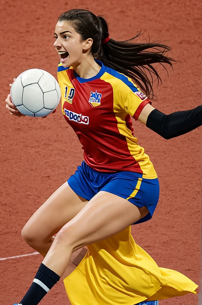 Create a cartoon of a woman playing handball
