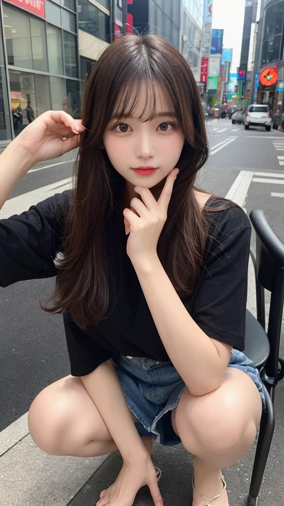 finely, High resolution, high quality、Perfect dynamic composition, beautiful and fine eyes, medium hair, 、Natural color lip,Kamimei、Shibuya Ward、20 year old girl、1 person、transparent skin、shining hair、table top, 最high quality, figure, super detailed, finely, High resolution, 8K、correct state of the human body、squat、hair flying in the wind
