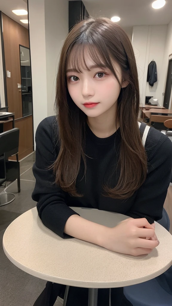 finely, High resolution, high quality、Perfect dynamic composition, beautiful and fine eyes, medium hair, 、Natural color lip,Kamimei、Shibuya Ward、20 year old girl、1 person、transparent skin、shining hair、table top, 最high quality, figure, super detailed, finely, High resolution, 8K、correct state of the human body、squat、hair flying in the wind