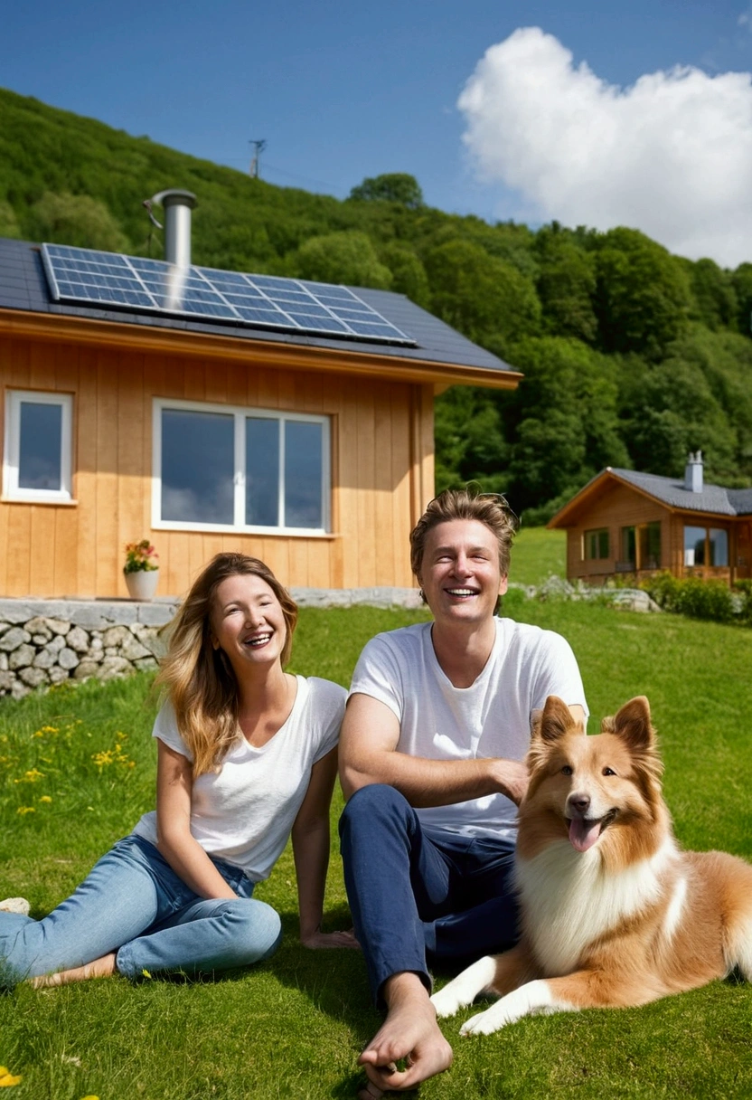 happy woman and man resting in front of a modern cottage surrounded by trees and hills in the background. Next to the people is a golden Shetland sheepdog laughing at the camera. The image radiates an atmosphere of relaxation and well-being. Bright summer sunny day.
Waiting for startup man and women, love.
