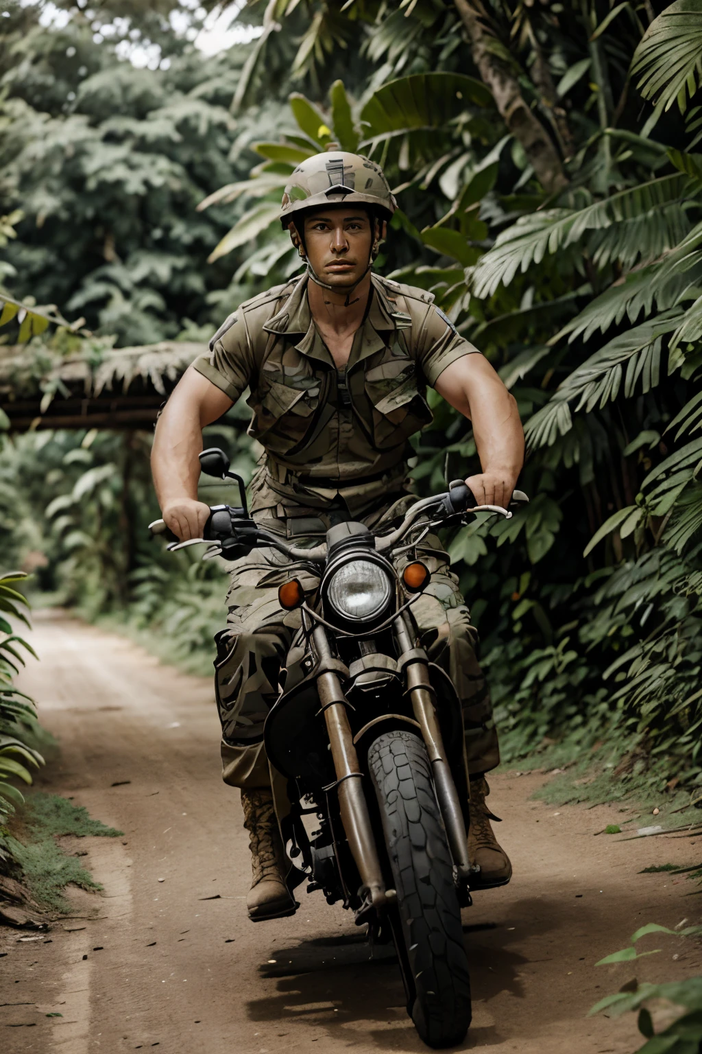 A soldier driving a bike in jungle 
