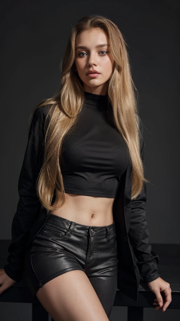 1 man, Alone, looking at the viewer, long blond hair, wearing a red long sleeve blouse, a black pants, Brown eyes, Upper part of the body, Gray background, lips, realist, dioknigsreuter