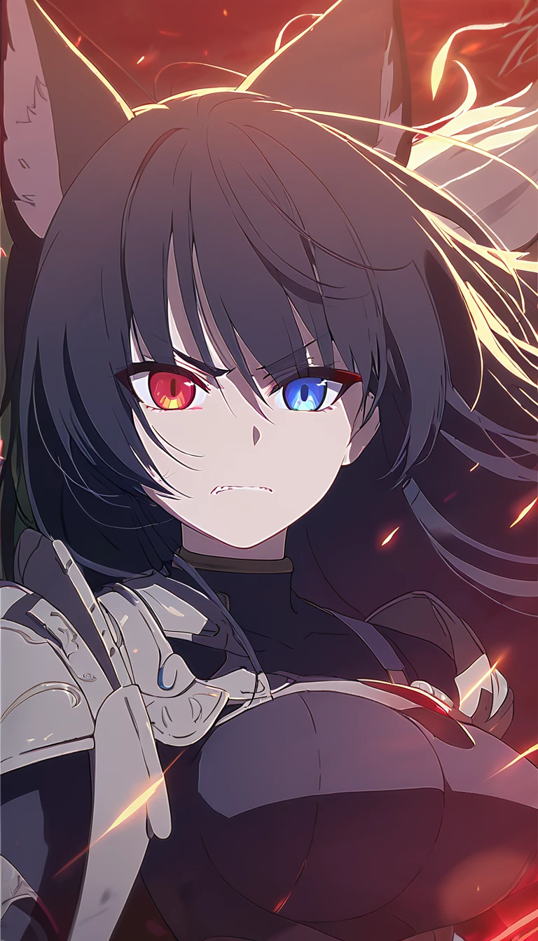 a beautiful blue and black kitsune, , long black hair, slim waist, detailed portrait, intricate details, dramatic lighting, elegant, sensual, long white tail, heterochromia (one blue eye, one red eye), His eyes would shine brightly, Surrounded by red energy fireflies, Wearing a armor, angry,