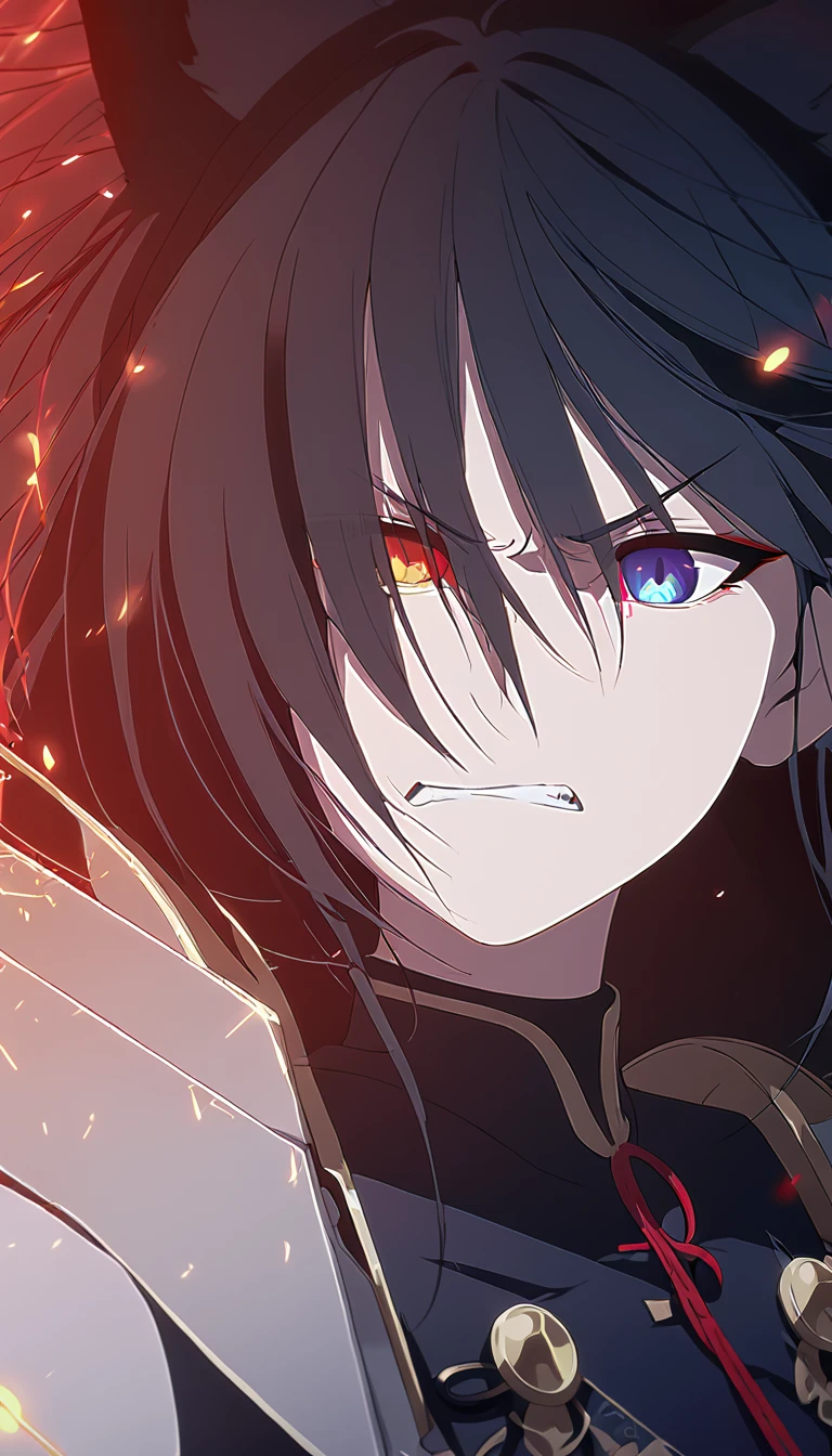 a beautiful blue and black kitsune, big breasts, long black hair, slim waist, detailed portrait, intricate details, dramatic lighting, elegant, sensual, long white tail, heterochromia (one blue eye, one red eye), His eyes would shine brightly, Surrounded by red energy fireflies, Wearing a armor, angry,