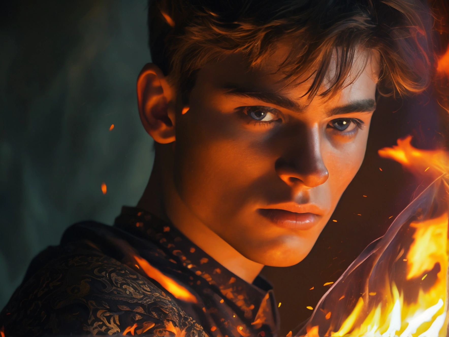 full body, Realistic photo of solo handsome teenage men ,casting a fire spell ,dark foreast