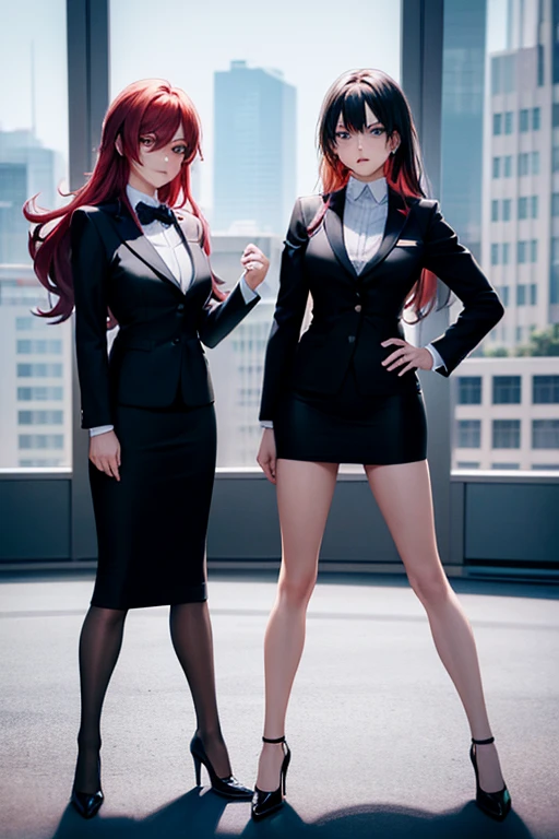best quality, 2girl, beautiful angry business women looking at each other, yelling at each other, arguing, throwing hands, fist, black business suit, black midi pencil skirt, black blazer, heels, full body, long hair, medium hair, office building, window