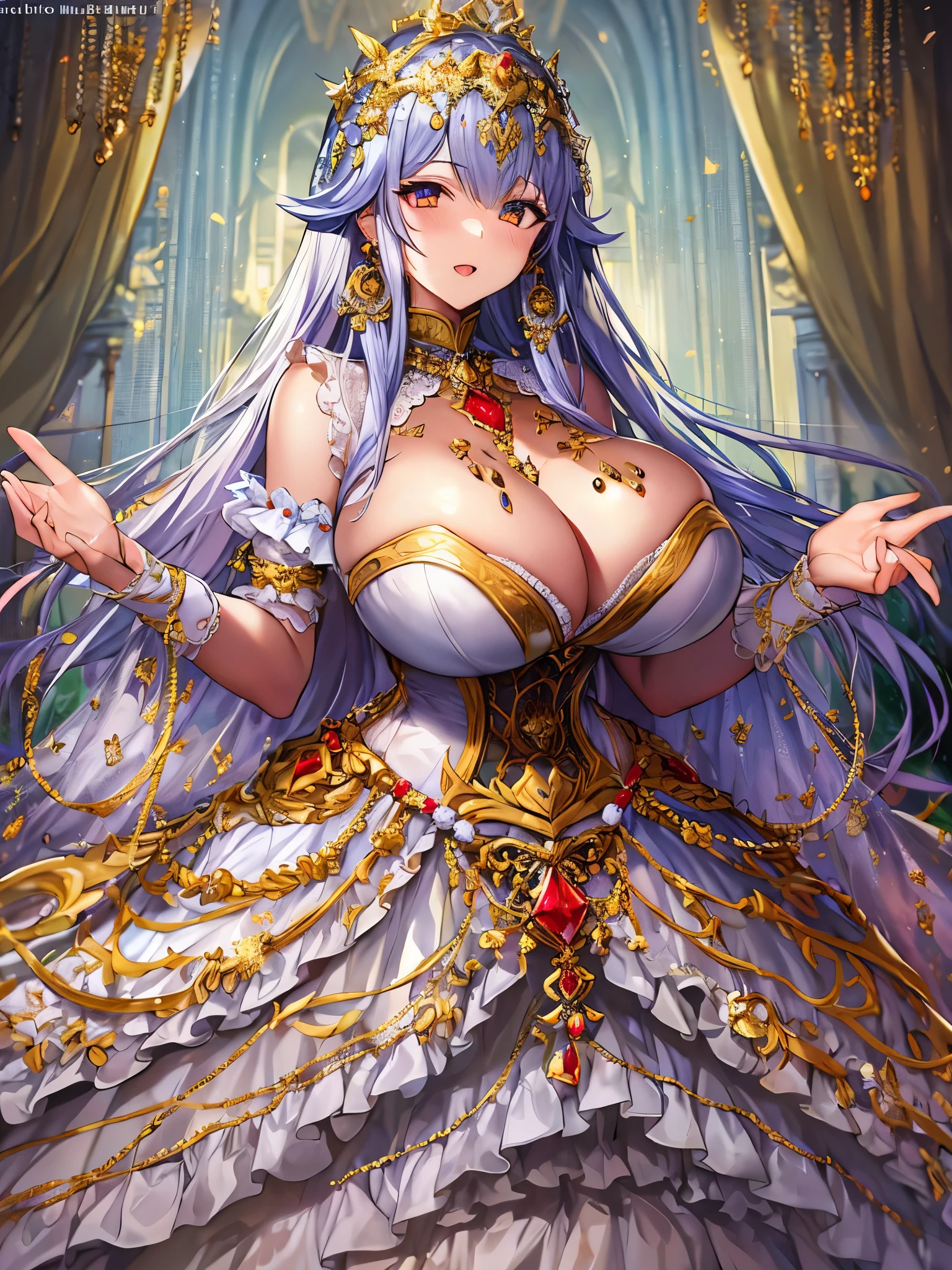 moe anime artstyle,Masterpiece,Best Quality,Super Detail,(Very Delicate and Beautiful),Solo,full body,((full body portrait)),absurdly gigantic tits,(((1 bling-bling princess in beautiful embroidery and jeweled gorgeous rococo ballgown with voluminous full length crinoline hoop skirt))),(((((absurdly gigantic tits,curvy))))),deep cleavage,Skindentation,((detailed face and eyes)),jewel-like eyes,((crinoline,long train,beautiful embroidery and jeweled lace-trimmed crinoline rococo ballgown with voluminous full length crinoline hoop skirt)),super detailed voluminous gorgeous jeweled rococo ballgown with voluminous full length crinoline hoop skirt,((bling-bling voluminous gorgeous jeweled rococo princess ballgown with voluminous full length crinoline hoop skirt)),((absurdly long Straight hair)),extremely gorgeous hair ornament,((extremely gorgeous big tiara)),luxurious jewelry,((beautiful embroidery and jeweled gorgeous rococo ballgown with voluminous full length crinoline hoop skirt)),(((absurdly gigantic tits))),((palace garden)),Looking at viewer,full body