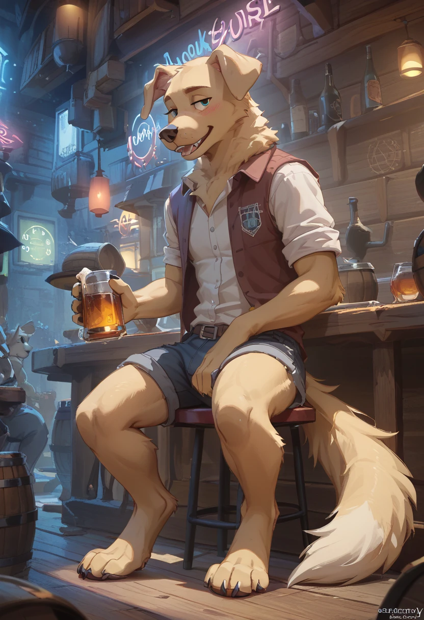 （Furry、Sitting with dog friend）Retriever、beige fur、Fluffy tail、seems kind、Dark Tavern、Neon Light、Whiskey Rock、counter、Being drunk