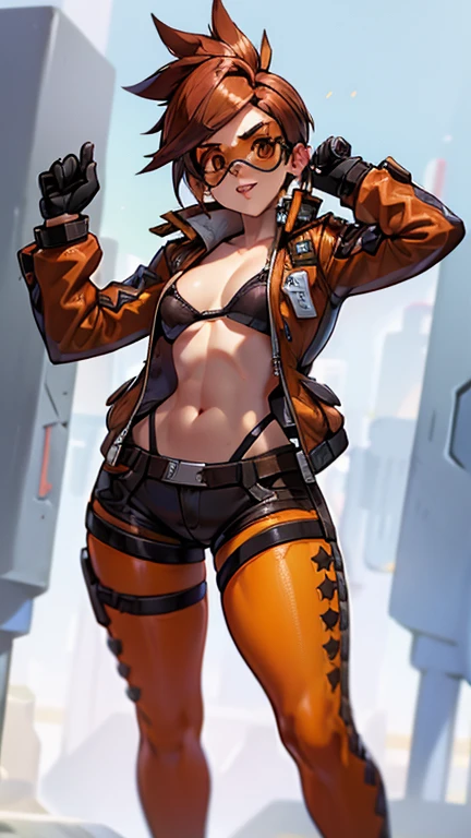 TracerOver, 1 girl, marker (watch), standing alone, orange glasses, chestnut hair, glasses, shorth hair, spiky hair, eyes browns, trunk, to enjoy, jaket, bomber jaket, ssmile, gazing at viewer, May, chest to enjoy, bangss, parted lips, teeths, leathery, lips, brown jaket, leathery jaket, piercing