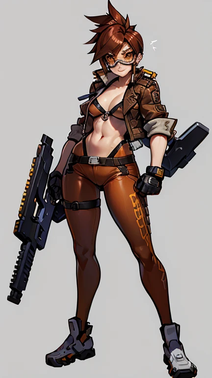 TracerOver, 1 girl, marker (watch), standing alone, orange glasses, chestnut hair, glasses, shorth hair, spiky hair, eyes browns, trunk, to enjoy, jaket, bomber jaket, ssmile, gazing at viewer, May, chest to enjoy, bangss, parted lips, teeths, leathery, lips, brown jaket, leathery jaket, piercing