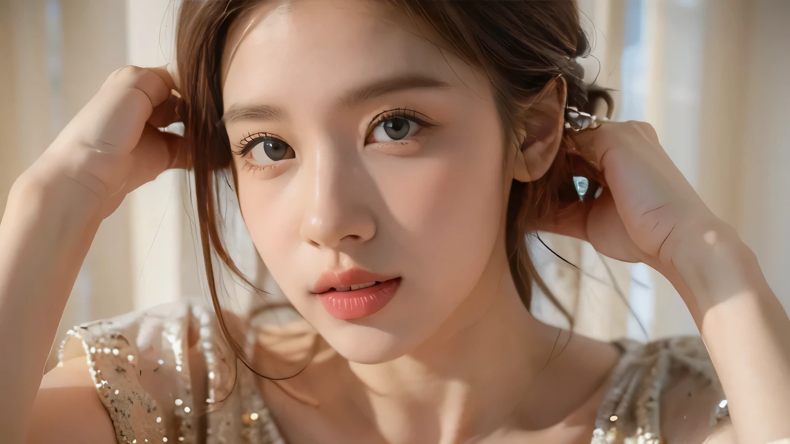 (8k, Raw, Top Quality, Masterpiece: 1.2), (Realistic, Photorealistic: 1. 37), Ultra High Resolution, 4 Girls, Cute, 4, Top Quality, Masterpiece, 8k, droopy eyes, big tits, beautiful breasts, plain background, ass showing, black thong, smiling, detailed face, detailed lips, two double eyelids, exquisite detail and subtle sparkle, photographed her in a pose that reflects both elegance and confidence, cinematic lighting to enhance the visual effect. Use a modern 2D design for the background to create a beautiful, balanced composition. Enhance the scene with elements such as depth of field, bloom effects, and sparkle to add a dreamy texture to the overall image. Pay attention to detail.