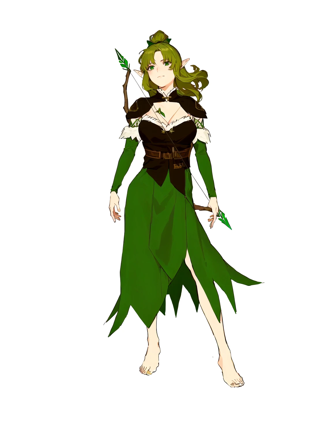 Anime, 1girl, 1woman, there is a woman dressed in a green dress with a bow and arrow, female forest archer, wood elf, (((mad))) elf princess, forest hunter lady, female elfling, female earth mage, female elf, beautiful wood elf, half elf woman, elven princess, elven warrior princess, elf princess knight, elf princess, female druid, forest dryad