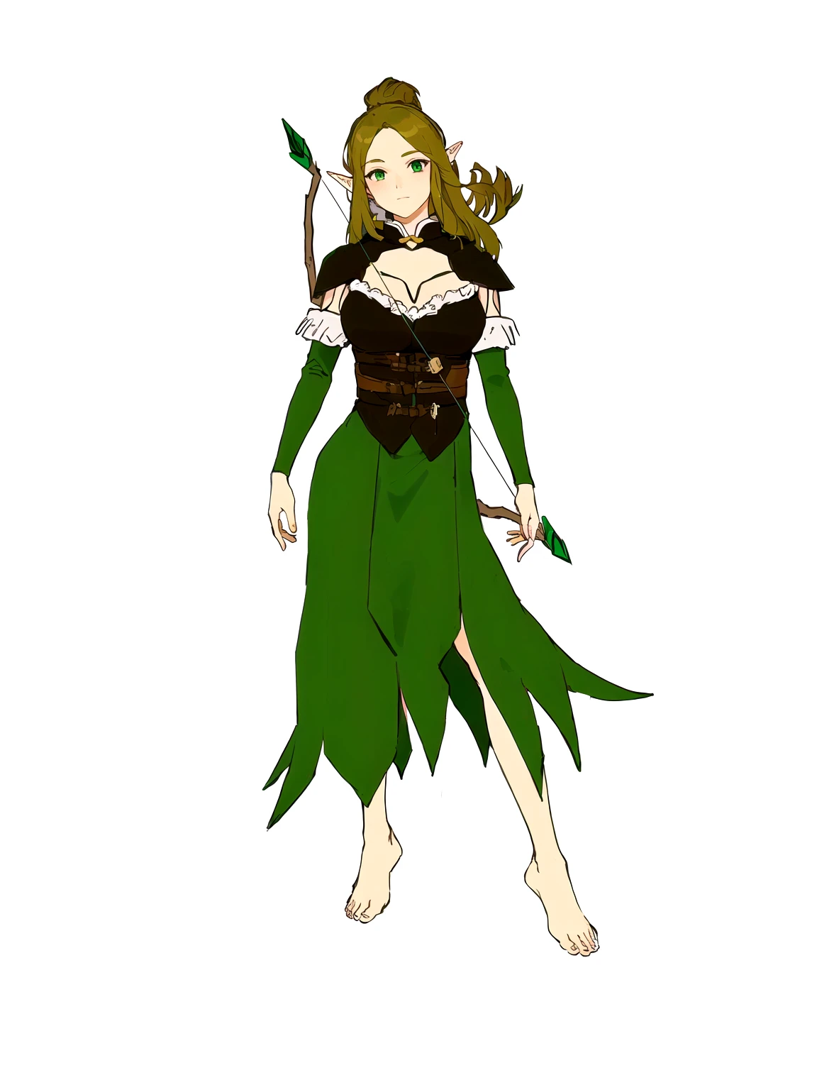 Anime, 1girl, 1woman, there is a woman dressed in a green dress with a bow and arrow, female forest archer, wood elf, (((mad))) elf princess, forest hunter lady, female elfling, female earth mage, female elf, beautiful wood elf, half elf woman, elven princess, elven warrior princess, elf princess knight, elf princess, female druid, forest dryad