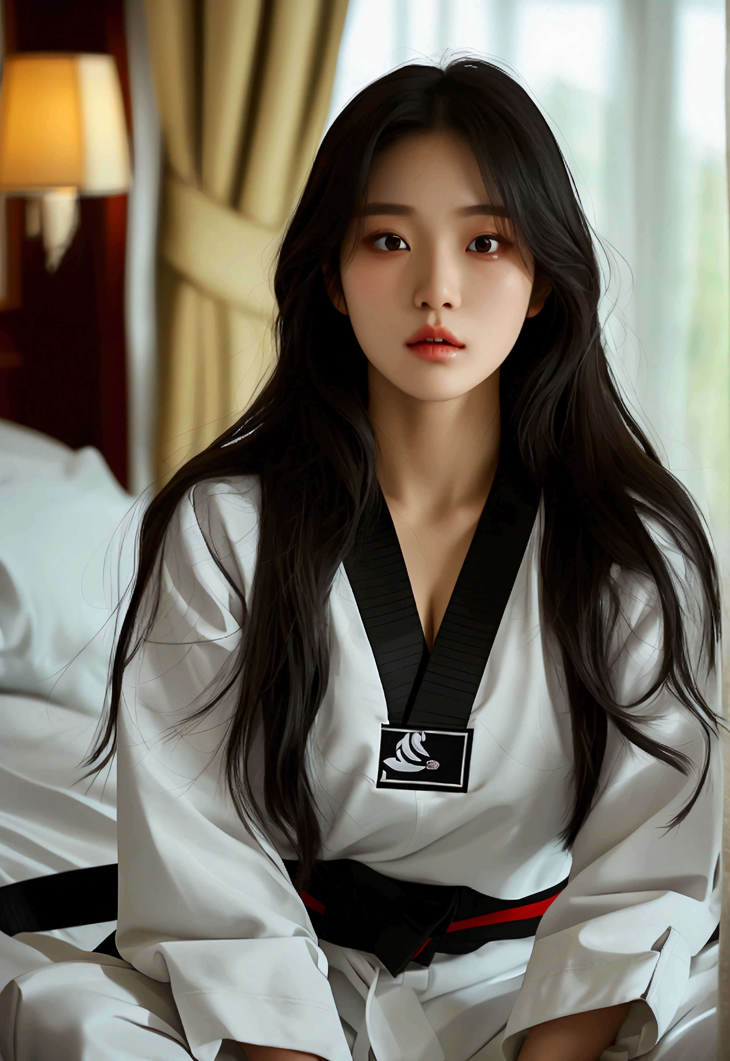 masterpiece, ultra details, best quality, 1 sexy korean taekwondo girl, masterpiece, ultra details, best quality, black long straight hair, wearing white World Taekwondo Federation dobok uniform with black v-neck, wearing taekwondo blackbelt, wearing white martial arts pants without pockets, large sweaty butt, large breasts, laying on hotel bed bending over showing butt, sweat on face