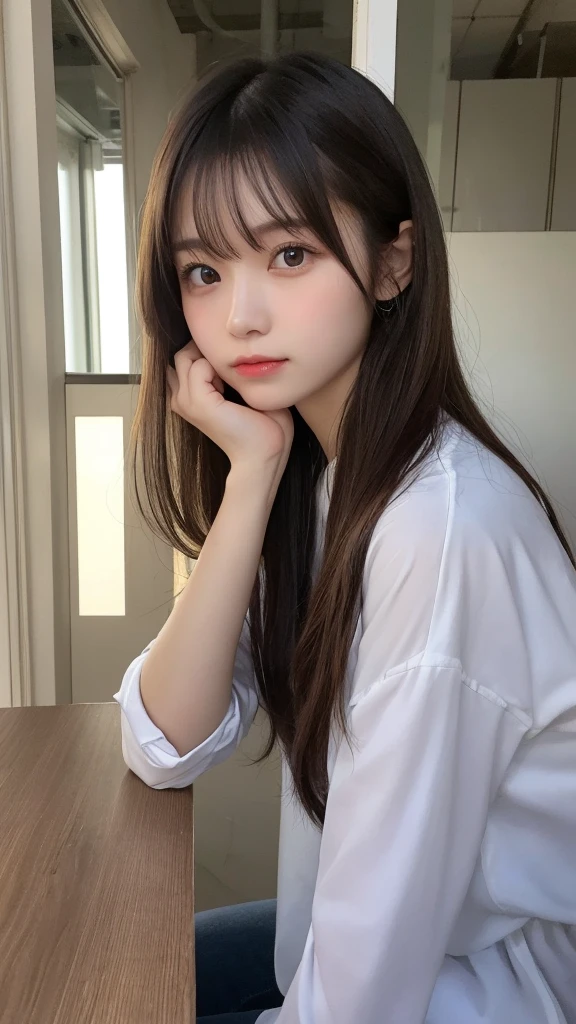 finely, High resolution, high quality、Perfect dynamic composition, beautiful and fine eyes, medium hair, 、Natural color lip,Kamimei、Shibuya Ward、20 year old girl、1 person、transparent skin、shining hair、table top, 最high quality, figure, super detailed, finely, High resolution, 8K、correct state of the human body、squat、hair flying in the wind