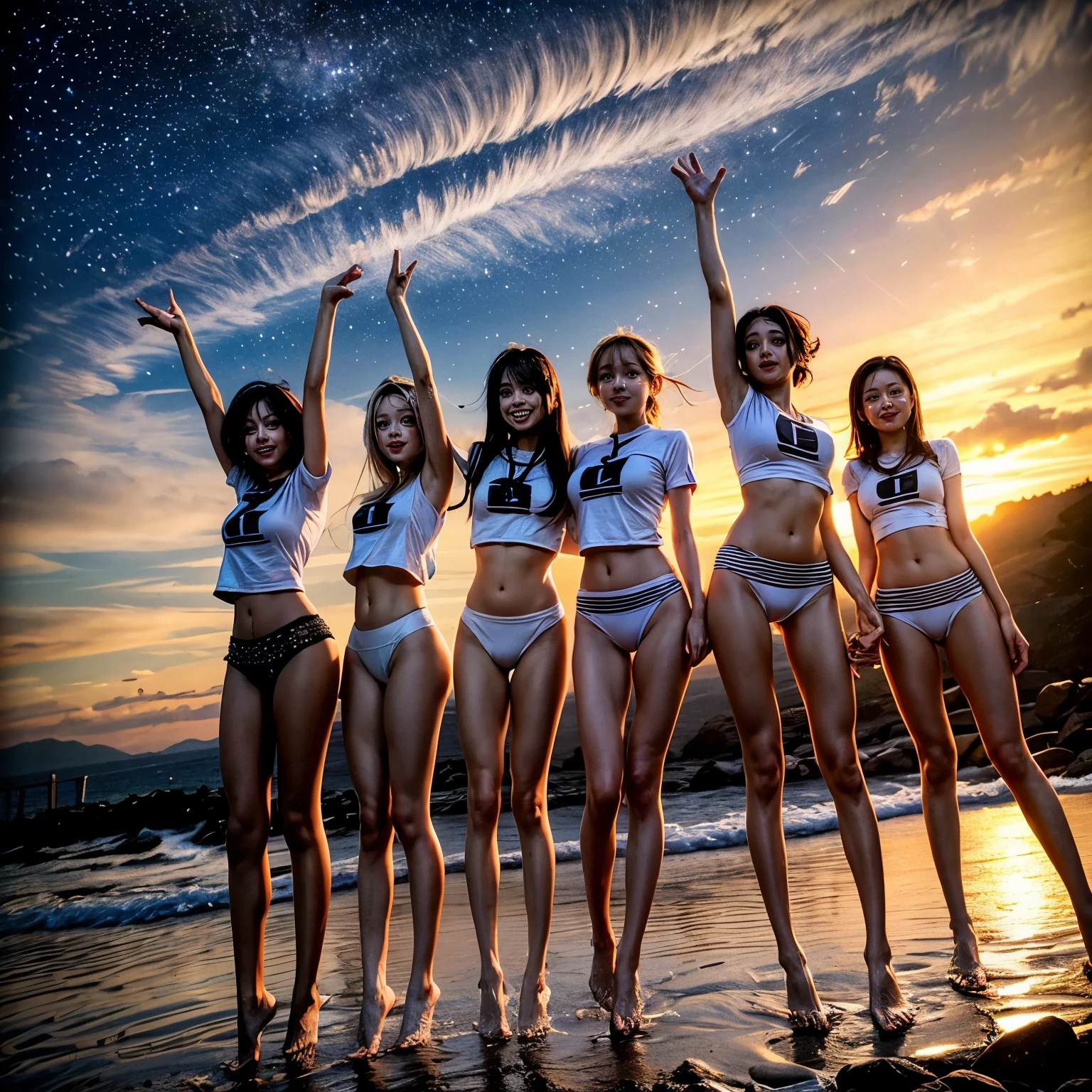 ManoErina, Masterpiece of ProfessionalPhoto ((ExtremelyDetailed (12 PICHIPICHI KAWAII Girls Floating in The Air in a row:1.37) in WHITE at Dusk Enoshima Beach)), {(Standing Full Body:1.2)|(from below:1.2)}, Different types of hair colors, {(skinny(SchoolSwimwear))|(SchoolUniform)with Tiny AthleticShorts}, {Detailed Childish hand|Hidden hand|Armpit|Different types of breasts of various sizes from HUGE to FLAT|(Clearly Visible the shape of Butt)}, Joyful Expressions LifeLike Rendering, PerfectLighting, (Dazzling Horizon Visible through ThighGap), (Starry IridescentParticles:1.22) ColorfulClouds