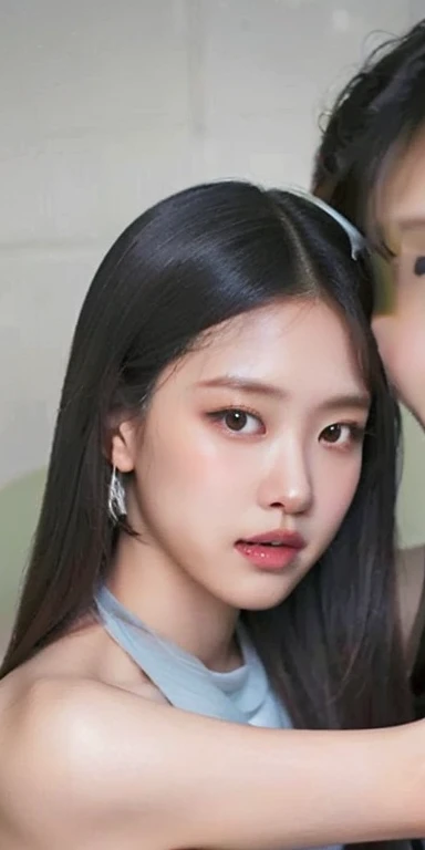 Best quality, masterpiece, ultra high res, (photorealistic:1.4), raw photo,1girl, solo, realistic, lips, looking at viewer, teeth, long hair, parted lips, nose, upper body, brown hair, simple background, brown eyes, black dress,