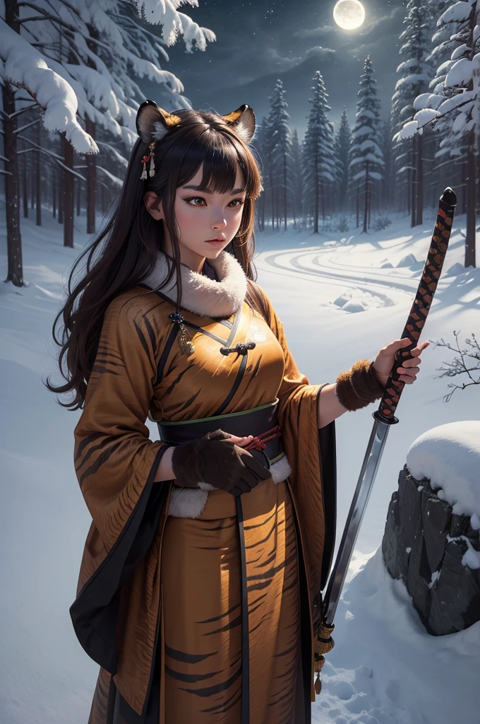 (work of art, 4k resolution, Ultra-realistic, very detailled), (tiger girl theme, Charismatic, there is a tiger girl in a snowy forest, Wearing Traditional Chinese Clothing e carregando uma katana no quadril, She is the head of a clan), [ ((age 25), (short brown hair:1.2), (tiger ears:1.2), whole body, (tiger tail:1.2), (greeneyes:1.2), ((Guard Posture),demonstration of resilience), ((wild and relaxing environment):0.8)| (FOREST LANDSCAPE, at night, dynamic lights), (fullmoon))] # Explanation: The prompt mainly describes an ultra-high-definition 4K painting, very realistic, very detailled. It shows a clan chief in front of some snow-covered trees, Wearing Traditional Chinese Clothing. The theme of the painting is a clan chief theme, the female protagonist has short brown hair, is age 25 old and her entire body is shown in the painting. In terms of portraying the boss&#39;s actions, tiger are employees