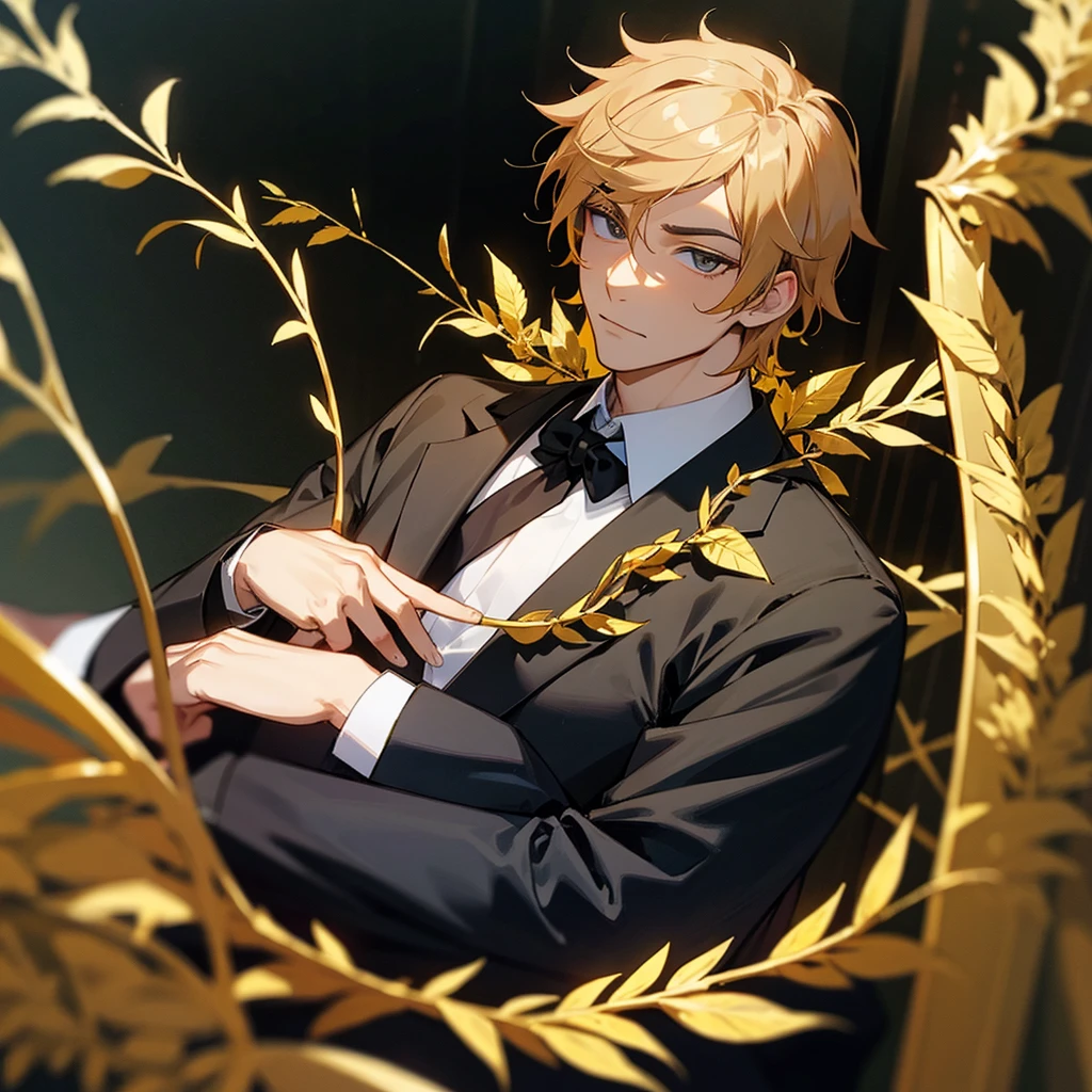 male politician in a limo is wearing golden laurel wreath 