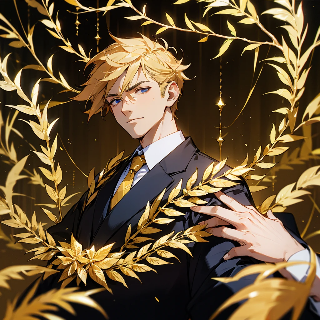 male politician in a limo is wearing golden laurel wreath 