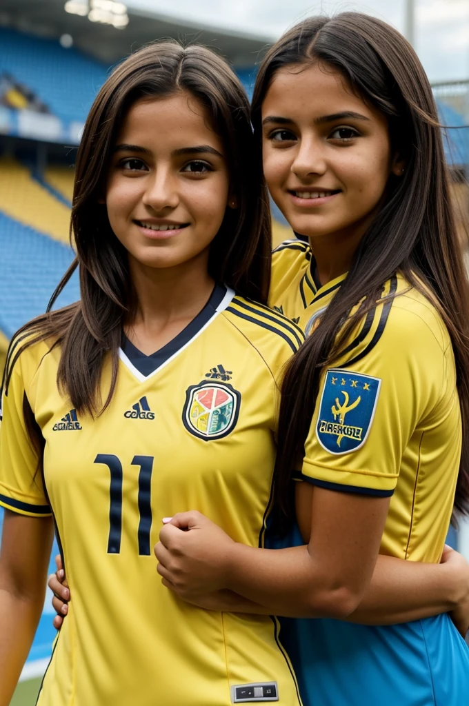 Animated image of woman Johana and 12-year-old girl Katalina with dark hair wearing yellow Colombian national team shirt number 10