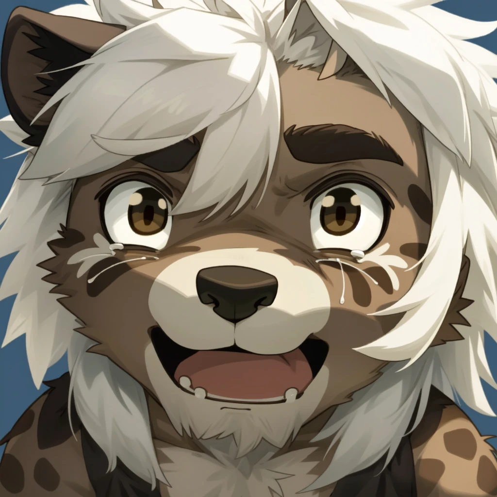 male, anthropology, hairy, Spotted hyena, White hair, Brown eyes, No underwear, Easy masterpiece,Solitary,Cartoon Character,child,Close-up of face,Cry