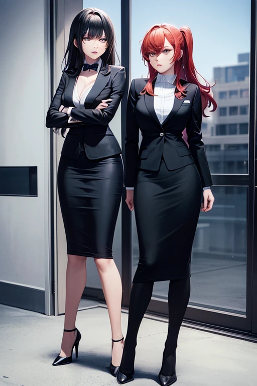 best quality, 2girl, beautiful angry business women looking at each other, yelling at each other, arguing, black business suit, black midi pencil skirt, black blazer, heels, full body, long hair, medium hair, office building, window