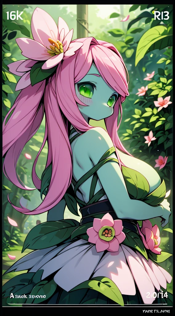 Plant Girl，Pink Hair，blade，blade decoration，Plant Girl，Plant Girl，Green Skin，Dark Skin，Green Skin，Sunbathing，Forest Background，Jungle Background，Lovely，Large Breasts，Big breasts and big buttocks，Petal costumes，Plant clothing，Petal skirt，Petal Clothes，Pink petals，Girl with flowers，Girl with vines growing on her body，alraune，Close-up shot from waist up，Upper body close-up，Petal skirt，wear a skirt，Flower Hair Card，Huge flowers，It is covered with flowers and vines