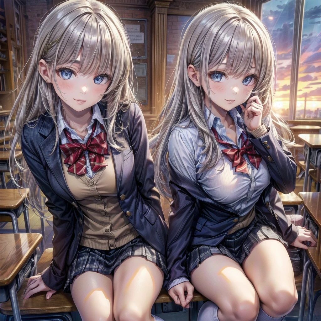 (masterpiece:1.3, Highest quality, Ultra-high resolution, Super detailed), (Realistic, photoRealistic:1.4), Beautiful illustrations, Perfect lighting, Natural light, Depth of written boundary, , 
Beautiful detailed hair, Beautifully detailed face, Beautiful attention to detail, Beautiful clavicle, Beautiful body, Beautiful breasts, Beautiful thighs, Beautiful feet, Beautiful Hands, 
View your viewers, (Face Focus), 1 Girl, high school girl, Alisa Kujou, (Perfect Anatomy, Anatomically correct), Cute and symmetrical face, Baby Face, Perfect Face, Perfect Eyes, Shiny skin, 
(Long Hair, Straight hair, Sideburns, Silver Hair), Crossed bangs, Ahoge, blue eyes, Slanted Eyes, Long eyelashes, (Medium chest, Captivating thighs), thin, Excellent style, 
(school uniform, Long sleeve light brown blazer, Grey vest, Grey pleated skirt with white lines, White collared shirt, White thigh-high socks with gold lines), Red bow tie, 
(Beautiful views), evening, (School classroom:1.2), (Cute smile, Part your lips), 