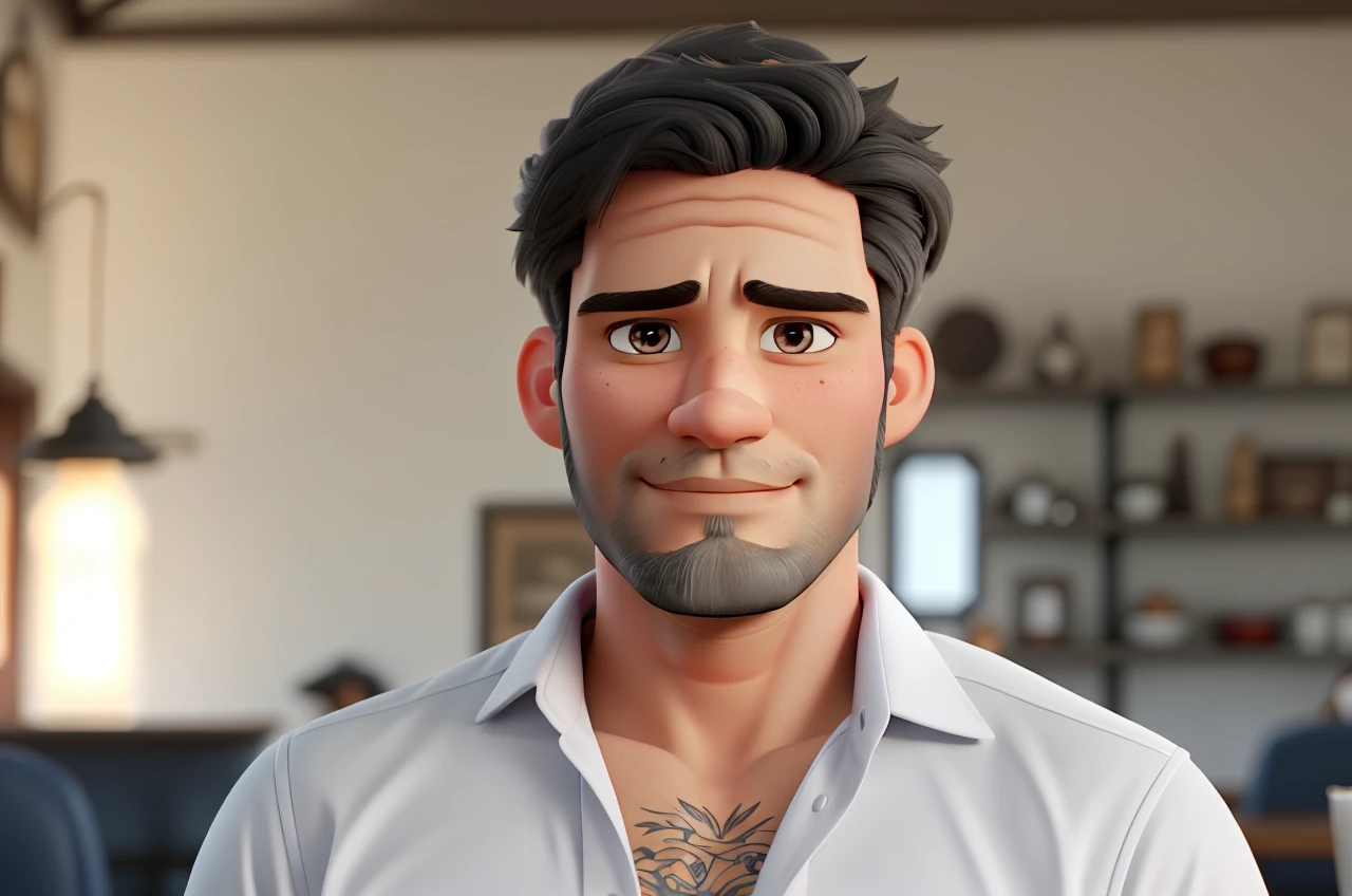 Poster not in Disney Pixar style, high qualiy, best qualityer, white sexy man, 30 years old gray hair black beard, brawny, with background in a candlelit restaurant