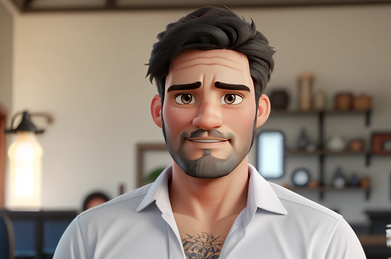 Poster not in Disney Pixar style, high qualiy, best qualityer, white sexy man, 30 years old gray hair black beard, brawny, with background in a candlelit restaurant