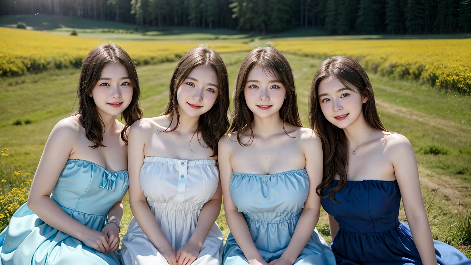 (3 girls), young face, 12 years,smile, white skin, Round breast, blue eyes,((Wear a strapless dress that shows off your breasts..))Masterpiece, Highest quality, 8K, beautiful girl, young face、 photography, Cute face, thigh,In the meadow, Embarrassing、รอยsmile、((((((อายุ 12 years))))))、small waist、(((round chest))) ((big breasts))