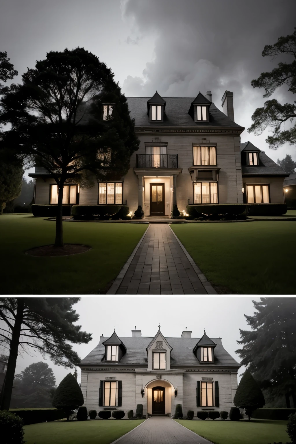 A mansion with the door half open at night the mansion far away with several trees around it at night with a misty atmosphere at night the mansion without lighting, a haunted house
