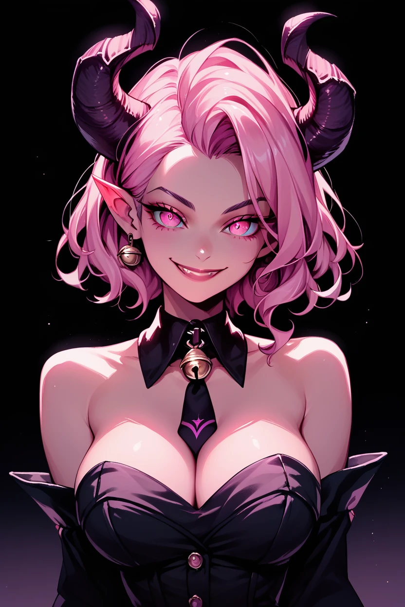 A high resolution, very detailed, perfect lighting, beautiful detailed eyes,   upper body, Black background, 1 girl, One, Looking at the viewer,   succubus, pink hair,demon horns, pointed ears, pink eyes, smiling, wing capes with collar, cut off sleeves, big breasts, tie with bell,  purple strapless top, Underworld,night, 