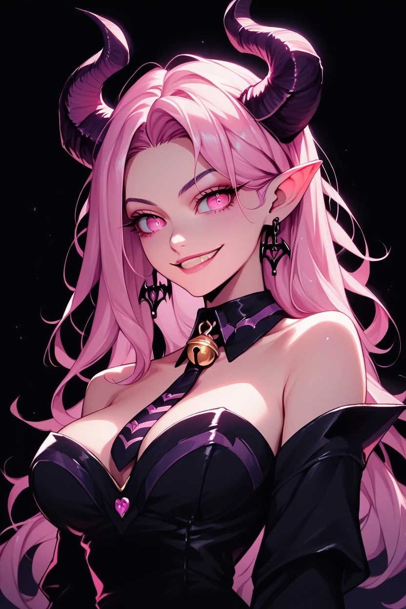 A high resolution, very detailed, perfect lighting, beautiful detailed eyes, upper body, Black background, 1 girl, One, Looking at the viewer, succubus, pink hair,demon horns, pointed ears, pink eyes, smiling, wing capes with collar, cut off sleeves, big breasts, tie with bell, purple strapless top, Underworld,night,