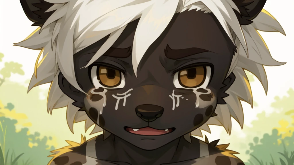 male, anthropology, hairy, Spotted hyena, White hair, Brown eyes, No underwear, Easy masterpiece，Solitary，Cartoon Character，child，Close-up of face，Cry