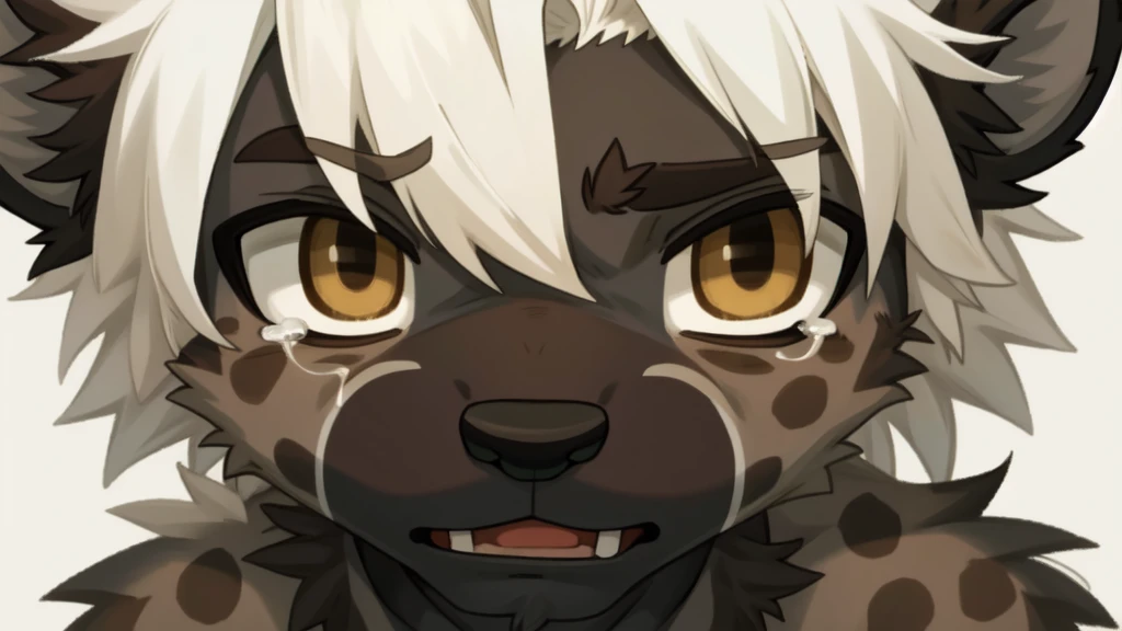 male, anthropology, hairy, Spotted hyena, White hair, Brown eyes, No underwear, Easy masterpiece,Solitary,Cartoon Character,child,Close-up of face,Cry