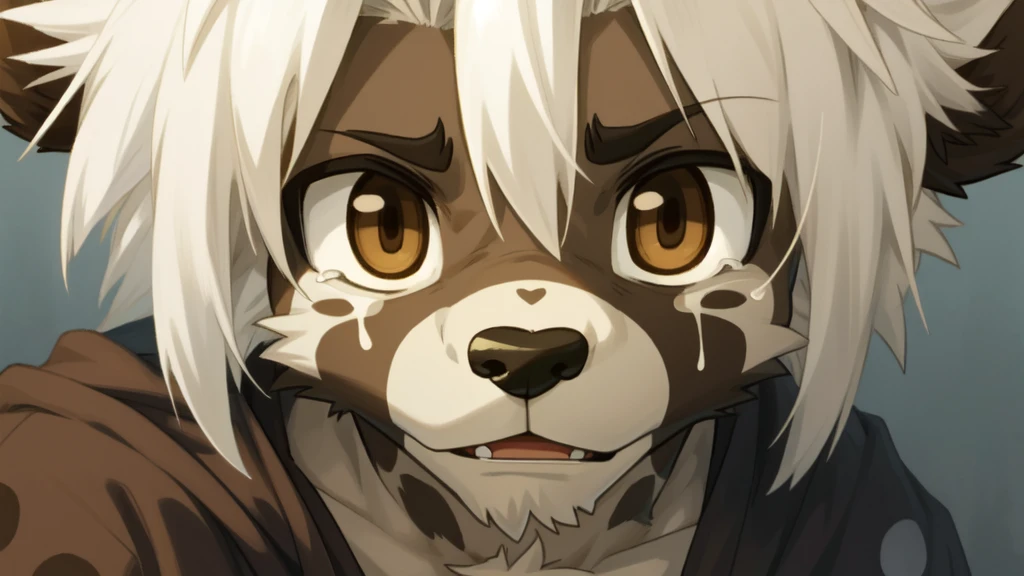 male, anthropology, hairy, Spotted hyena, White hair, Brown eyes, No underwear, Easy masterpiece,Solitary,Cartoon Character,child,Close-up of face,Cry