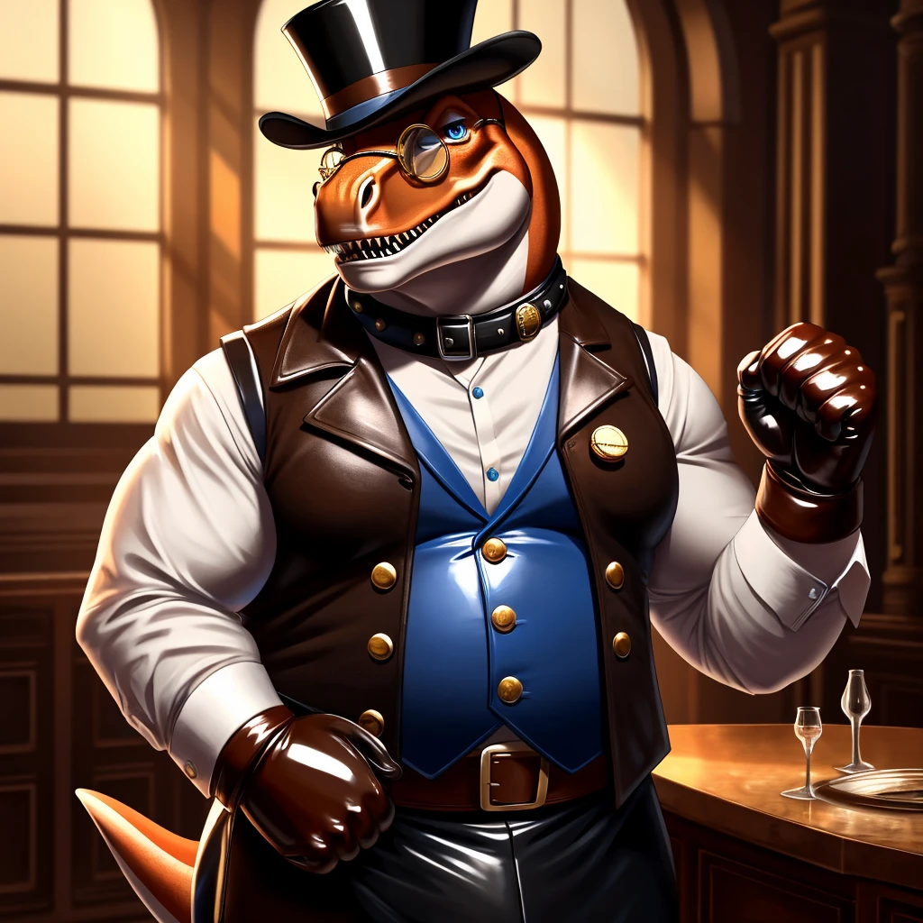 Solo, Male, fat, extremely obese, gentleman, dapper Professor Dinosaur, blue eyes, (posing:1.3), (soft shading), 4k, hi res, ((detailed face, detailed)), looking at viewer, mouth wide open, steampunk, collared shirt with buttons, top hat, male focus, Explorer Outfit, glasses, monocle, vest with buttons, sleeves rolled up, round eyewear, brown headwear, brown vest, Dinosaur is wearing a glossy leather dog collar around the neck, Dinosaur is wearing the leather collar and shirt and vest at the same time, Dinosaur is wearing glossy white rubber gloves on the hands, wearing white rubber gloves on the feet, gloves are rubber in texture, clenching teeth, clenching fists, leather collar is glossy and shiny with a lot of detail, Dinosaur is wearing gloves and leather collar at the same time, leather collar has a round dog-tag, leather collar is thick and detailed, leather collar is glossy and shiny, fancy clothing, dapper vest, dapper shirt, leather collar is thick, glossy leather collar.