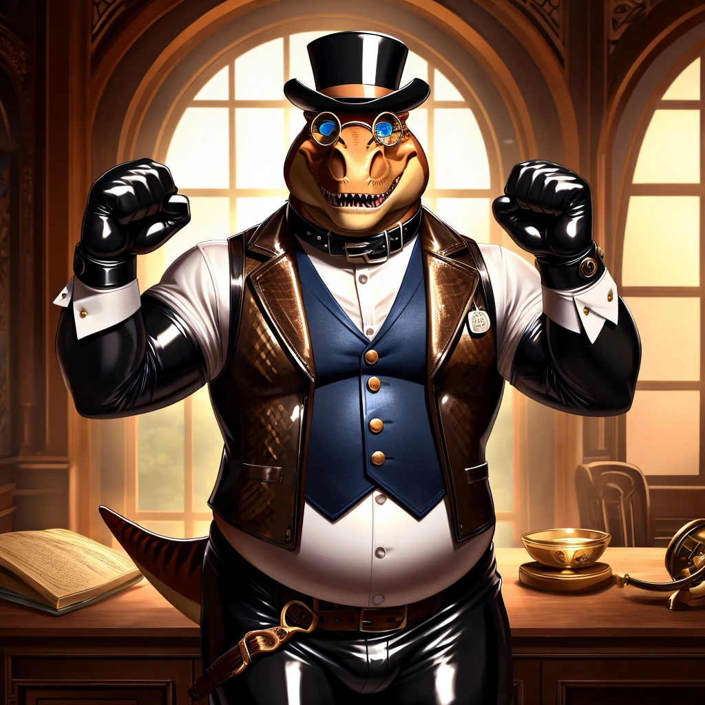 Solo, Male, fat, extremely obese, gentleman, dapper Professor Dinosaur, blue eyes, (posing:1.3), (soft shading), 4k, hi res, ((detailed face, detailed)), looking at viewer, mouth wide open, steampunk, collared shirt with buttons, top hat, male focus, Explorer Outfit, glasses, monocle, vest with buttons, sleeves rolled up, round eyewear, brown headwear, brown vest, Dinosaur is wearing a glossy leather dog collar around the neck, Dinosaur is wearing the leather collar and shirt and vest at the same time, Dinosaur is wearing glossy white rubber gloves on the hands, wearing white rubber gloves on the feet, gloves are rubber in texture, clenching teeth, clenching fists, leather collar is glossy and shiny with a lot of detail, Dinosaur is wearing gloves and leather collar at the same time, leather collar has a round dog-tag, leather collar is thick and detailed, leather collar is glossy and shiny, fancy clothing, dapper vest, dapper shirt, leather collar is thick, glossy leather collar.